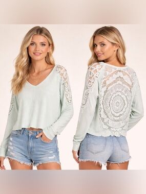 Venus Lace Back Top Mint Green Boho Crochet Detail Long Sleeve Size M/L